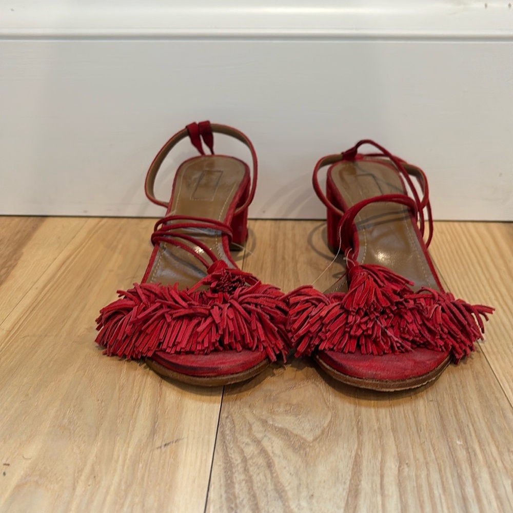 Aquazzura Red Suede Tassel Sandals - Size 8, Recently Re-Soled